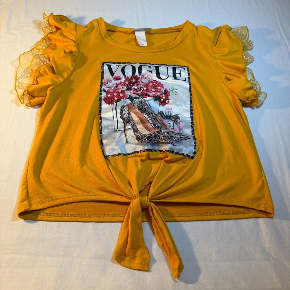 Davida USA Medium Yellow Top Women Knit Cropped Tie Waist Graphic Vogue